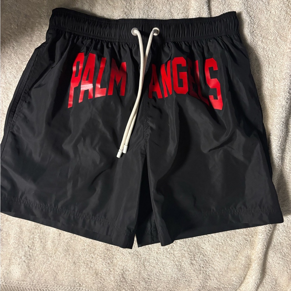 Palm Angels Black Swim Shorts with Red Lettering